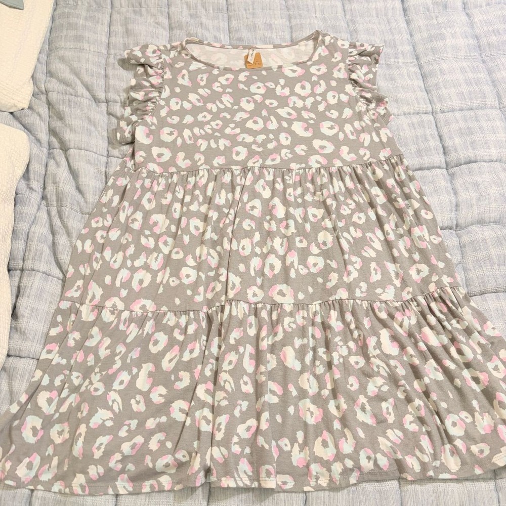 Emerald Womens 2X Dress Gray Pink Leopard Print Tiered Ruffle Sleeve Made USA